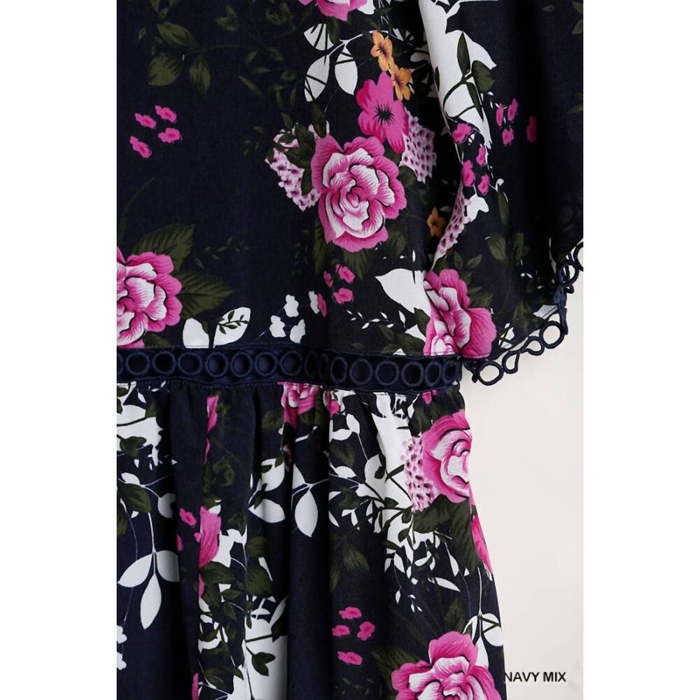 NEW UMGEE women's floral v-neck crochet detail dress in navy - Picture 4 of 4